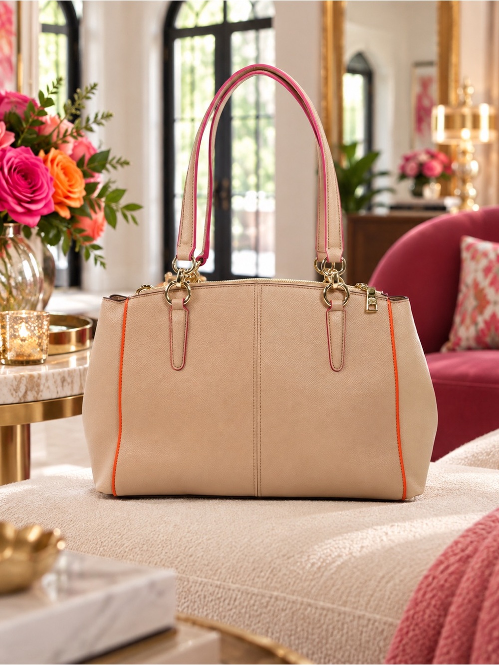 *SOLD* COACH Christie Carryall Crossgrain Leather Beige Pink & Orange Trim - Picture 5 of 10